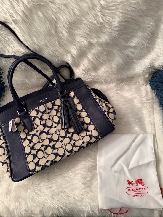 Coach Handbags - Vintage Coach Navy and Cream Signature Satchel with Tassels